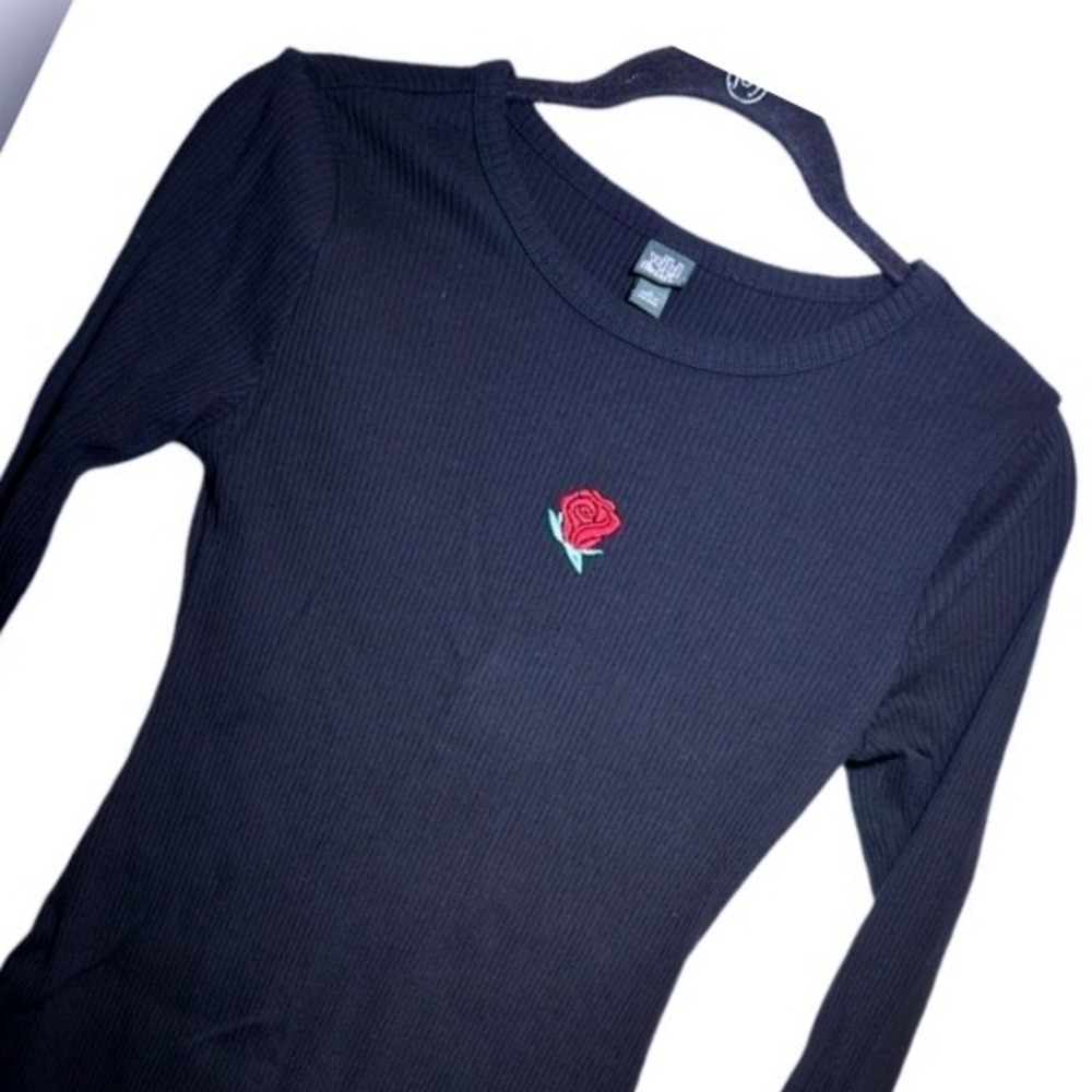 Wild Fable Black Ribbed Long Sleeve Mini Dress Rose Embroidered‎ Casual